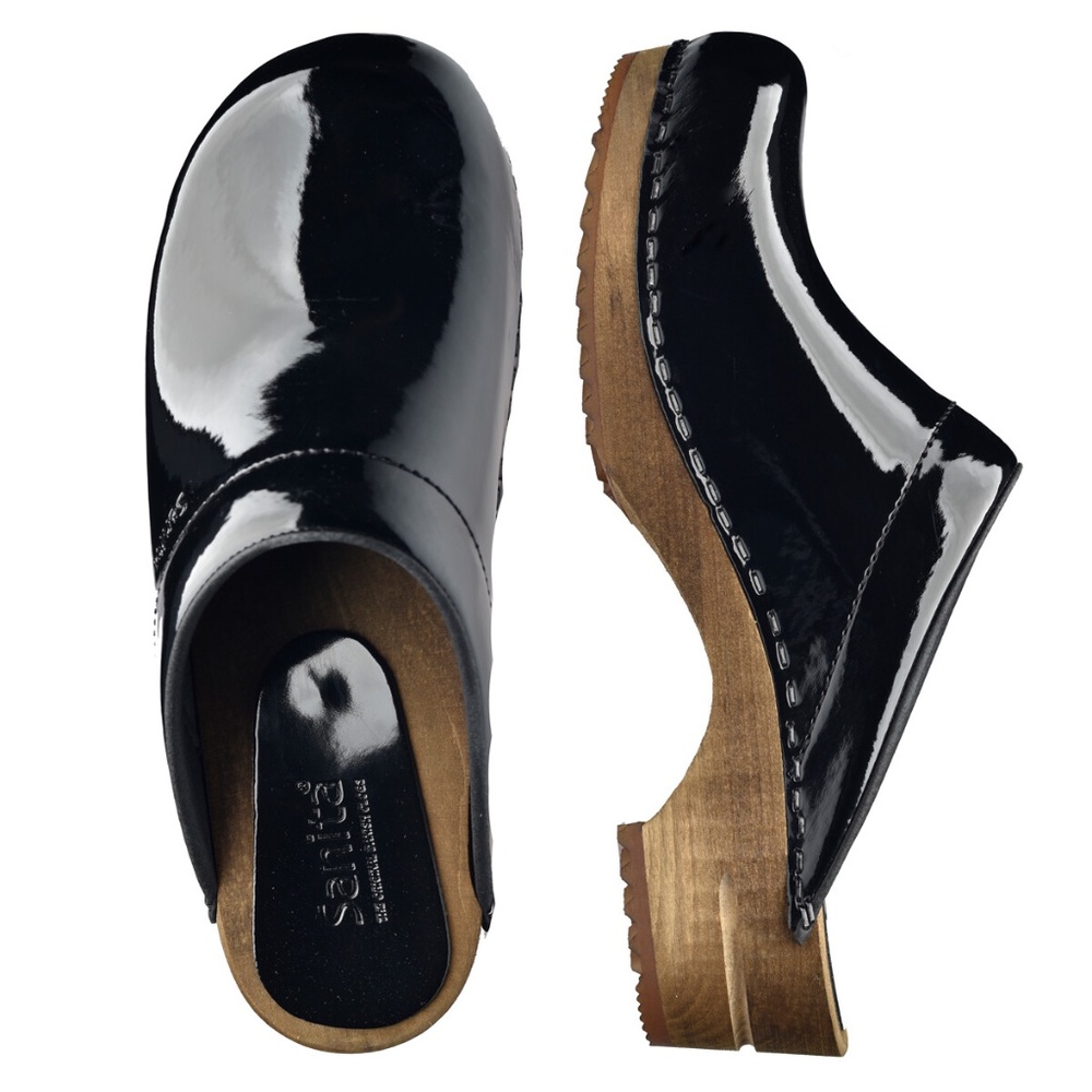 Sanita  Retro Black Patent Clogs Size 41